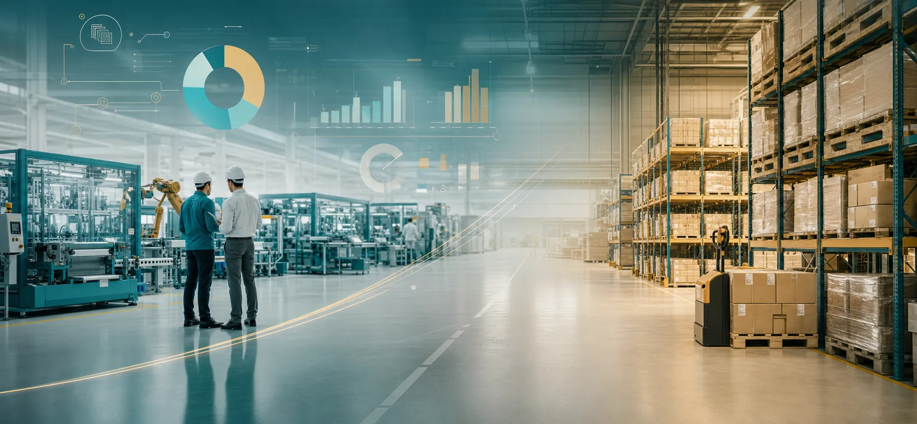 Moderner Produktions- und Lagerbetrieb mit abstraktem Cloud-ERP-Dashboard