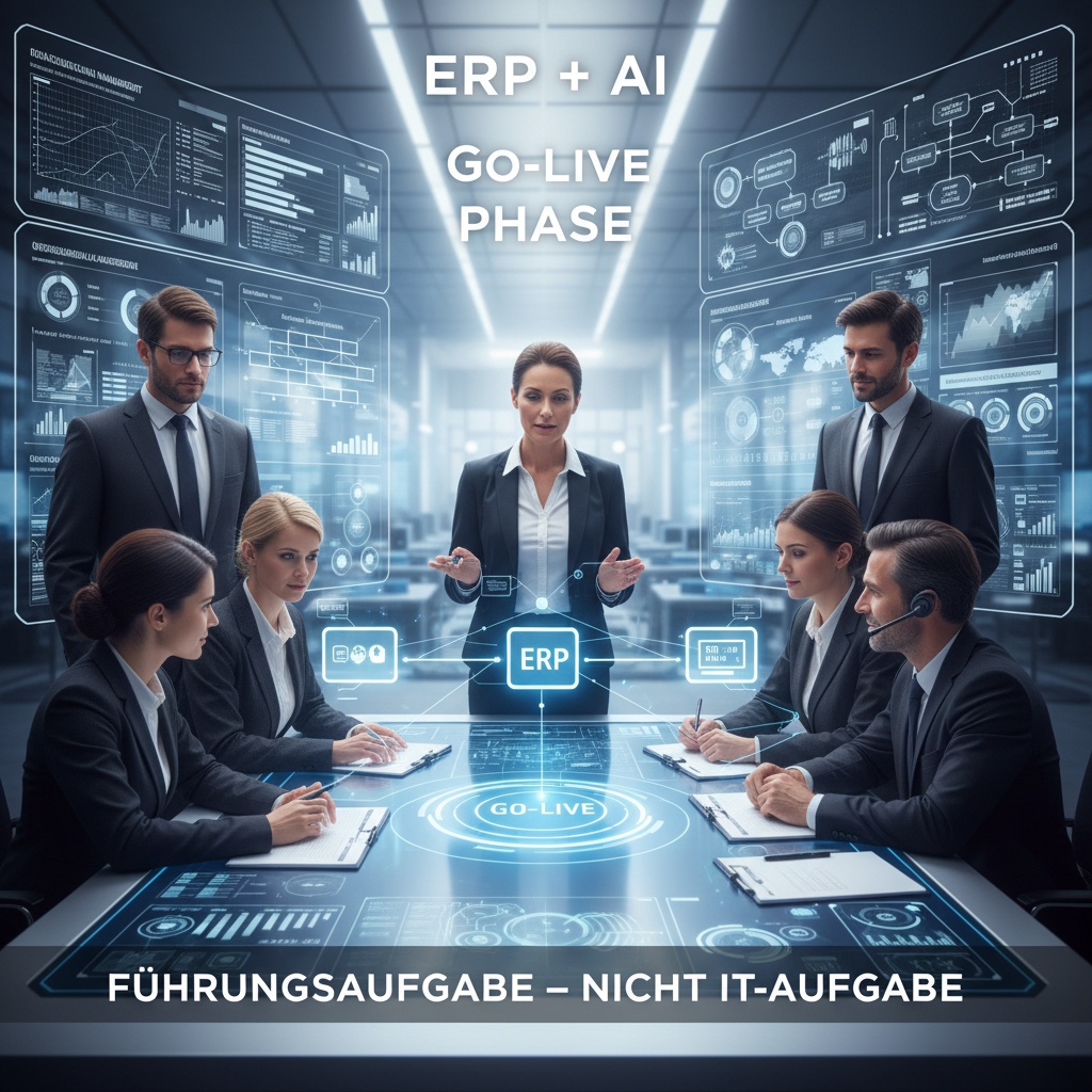 ERP und KI Go-Live-Phase als Führungsaufgabe mit Projektteam und digitalen Prozessanzeigen