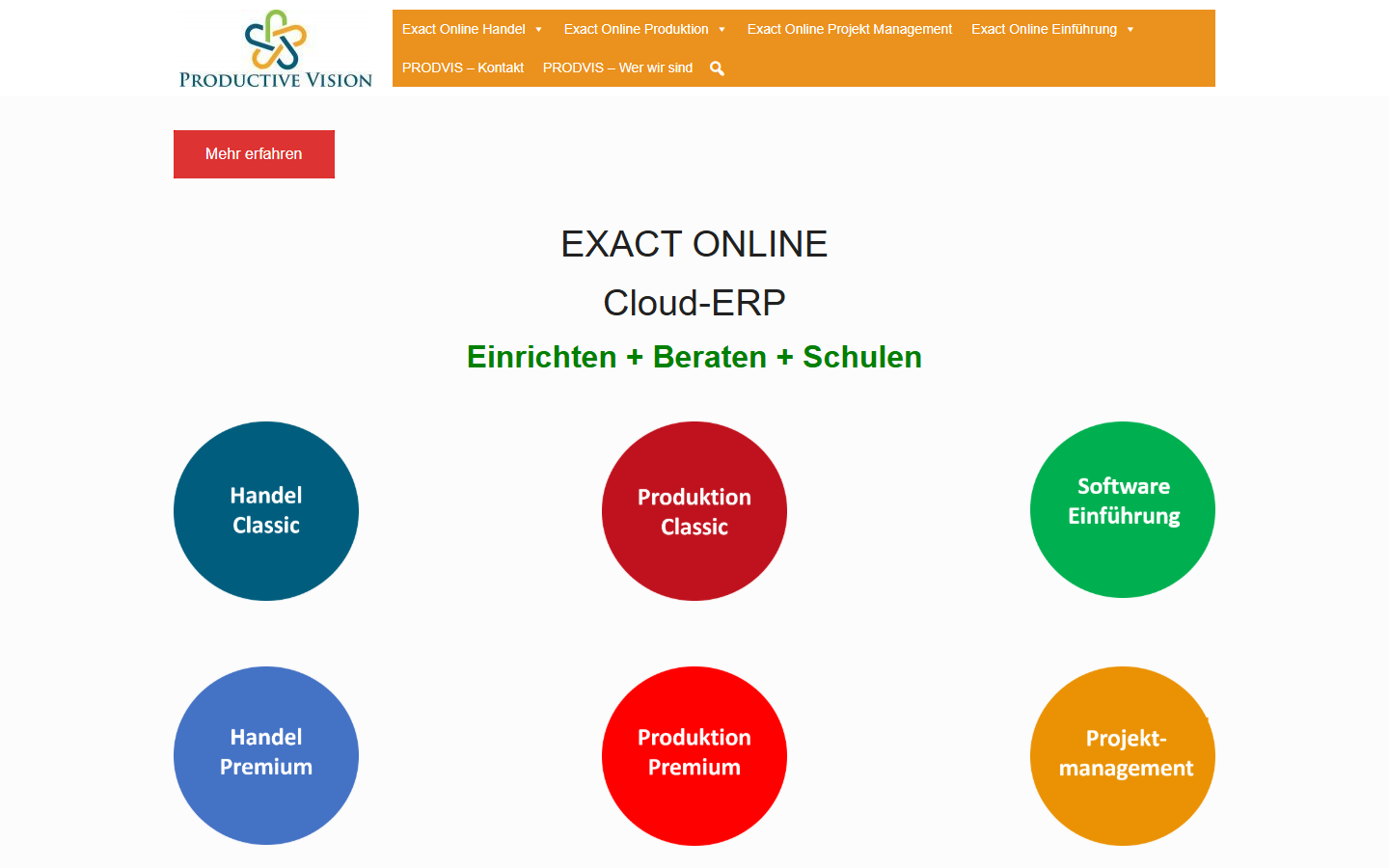 Screenshot von prodvis.com mit Exact Online Software-Editionen