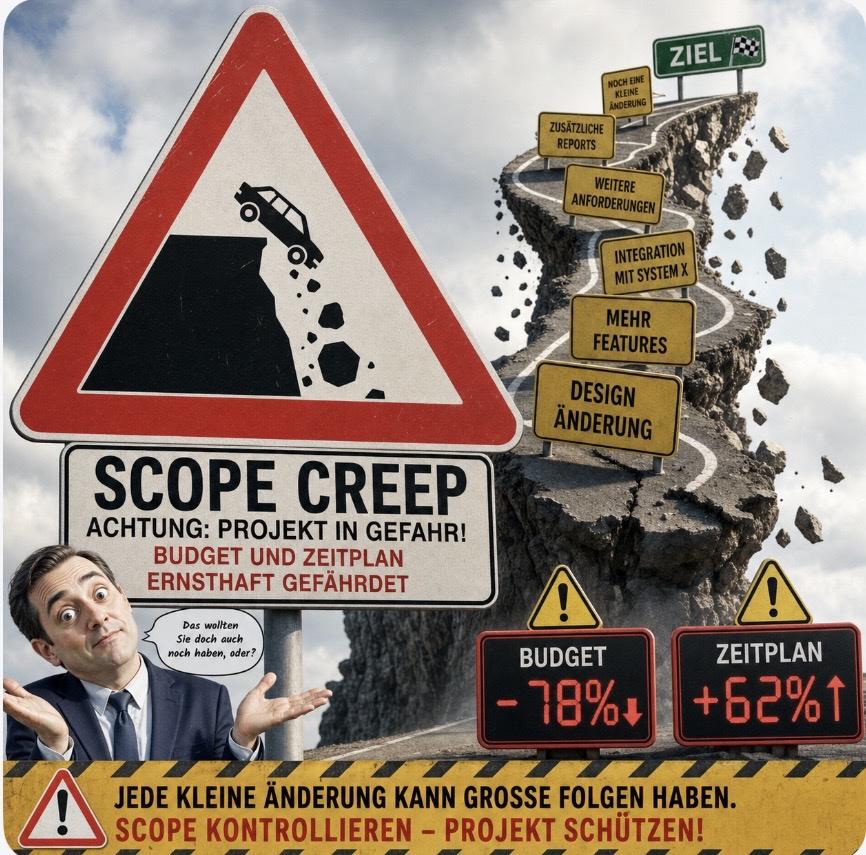 Warnschild Scope Creep mit Budget- und Zeitplanrisiko im ERP-Projekt